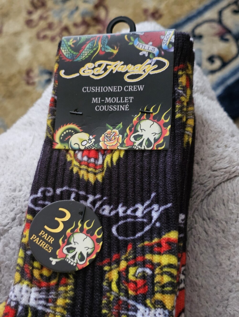 Ed Hardy Men’s Cushioned Crew Socks 3 Pair Black Tiger Shoe Size 6-12  Love Kill